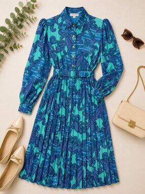 Vintage Schrader Petites 12 Teal Paisley Pleated Shirt Dress Belted 80s